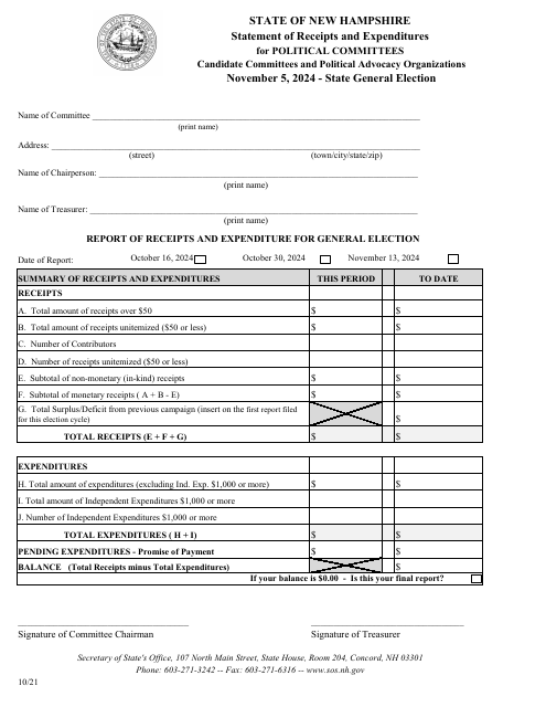 Statement of Receipts and Expenditures for Political Committees - General Election - New Hampshire, 2024