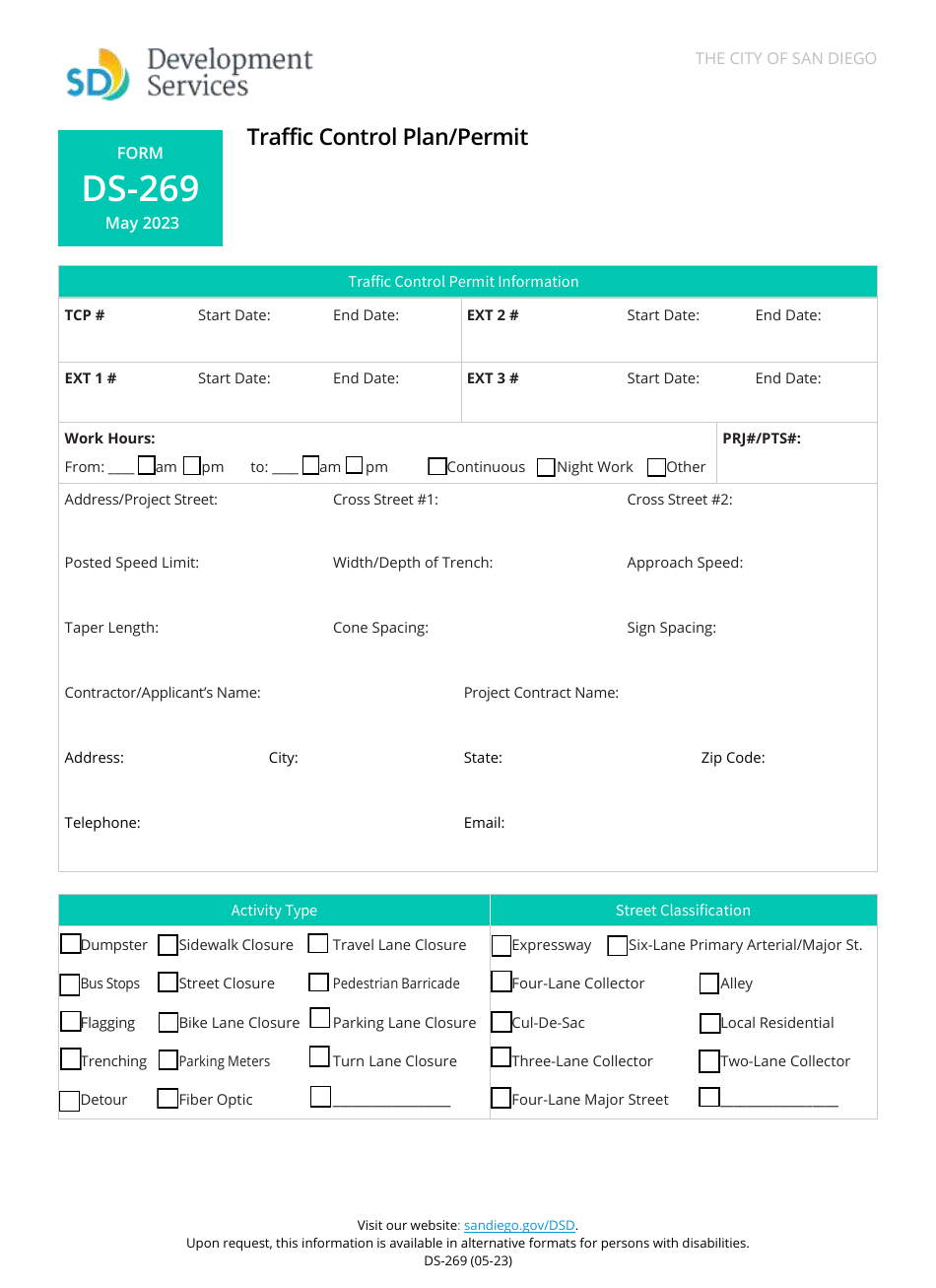 Form DS-269 Traffic Control Plan / Permit - City of San Diego, California, Page 1