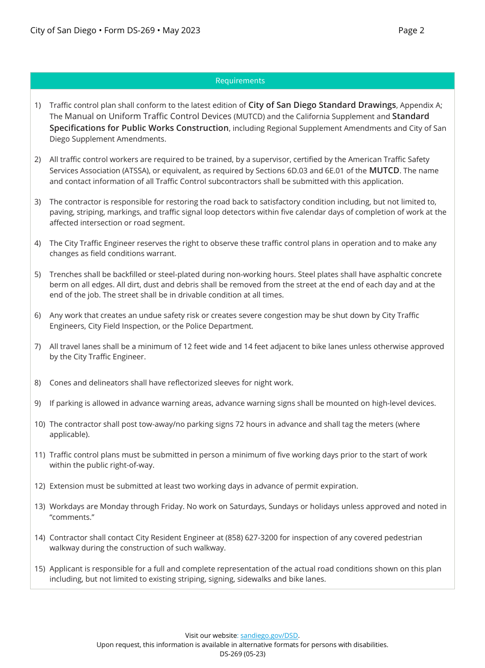 Form DS-269 Traffic Control Plan / Permit - City of San Diego, California, Page 2