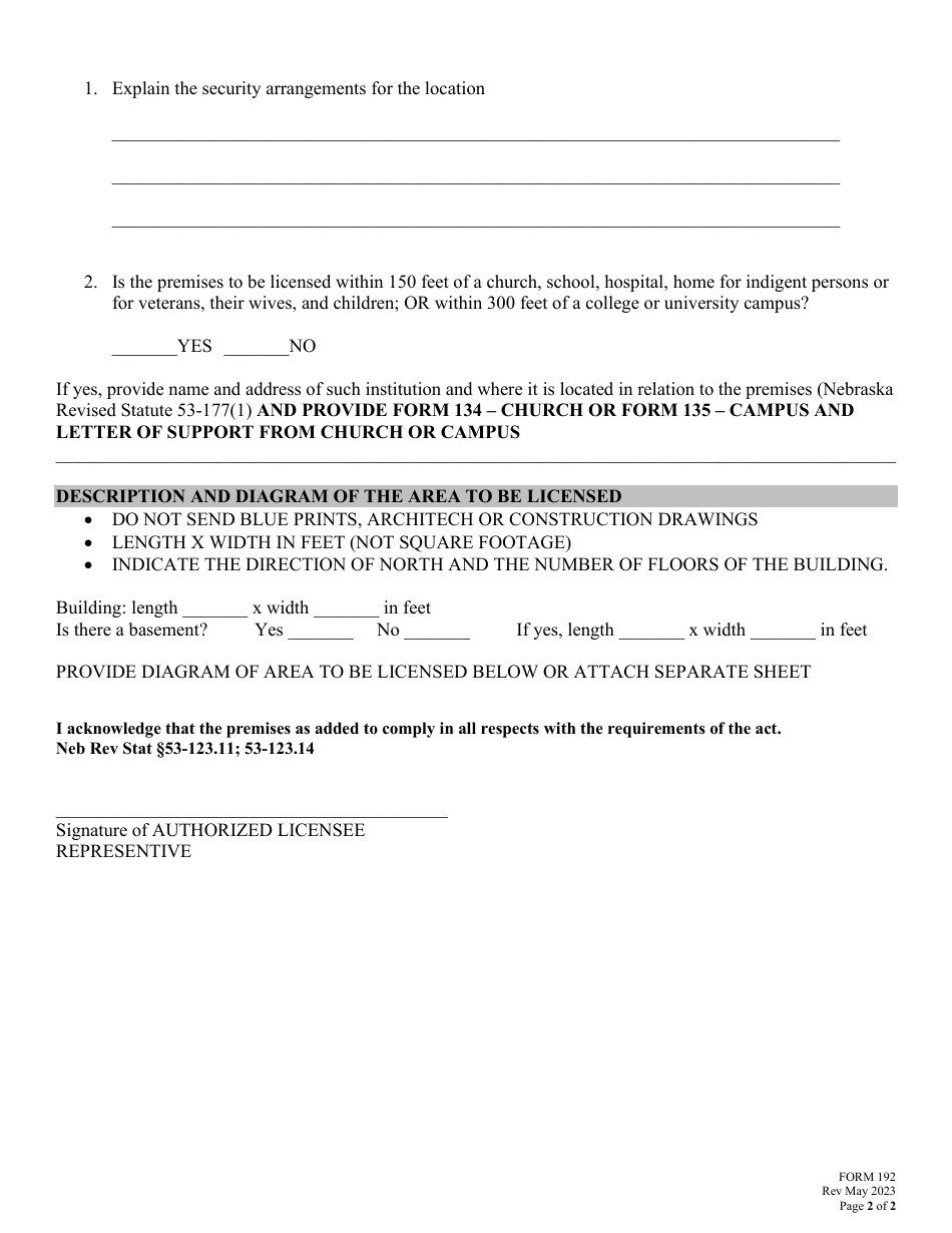 Form 192 Offsite Storage - Farm Winery / Craft Brewery / Microdistillery - Nebraska, Page 2