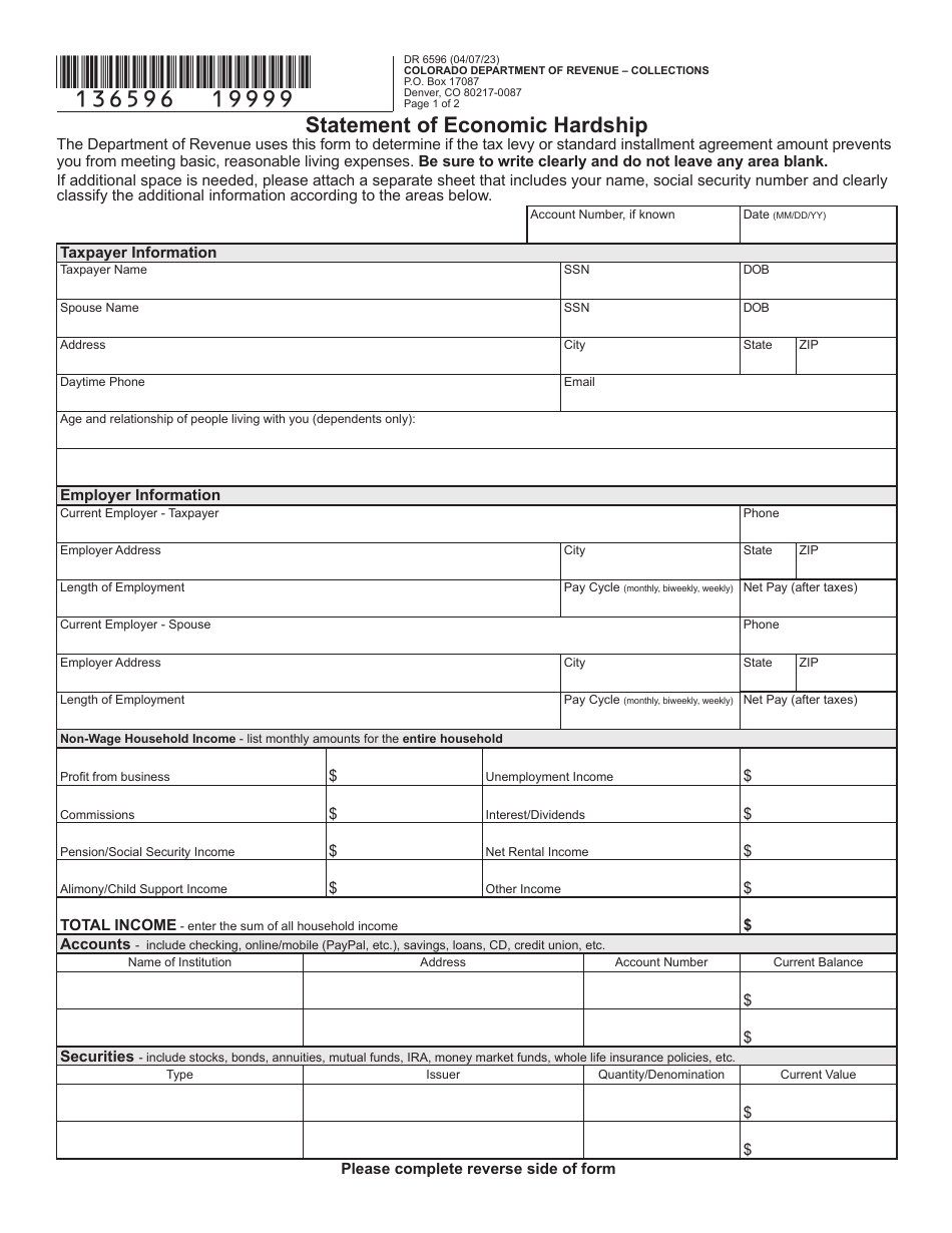 Form DR6596 Statement of Economic Hardship - Colorado, Page 1