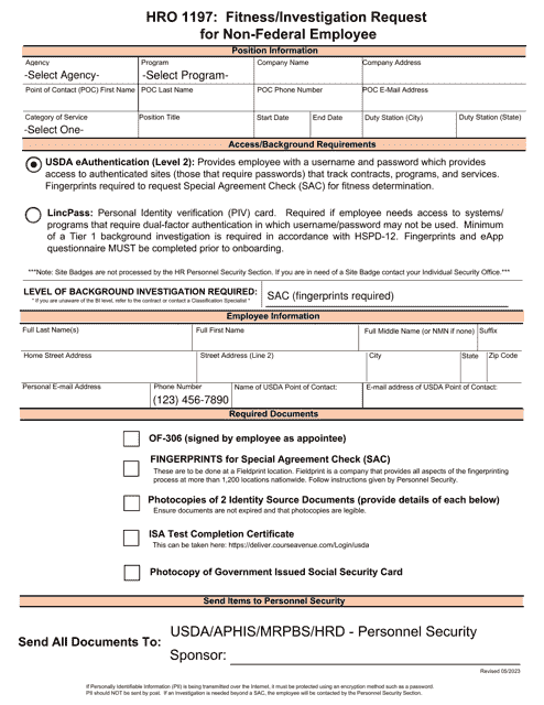 Form HRO1197 Fitness/Investigation Request for Non-federal Employee