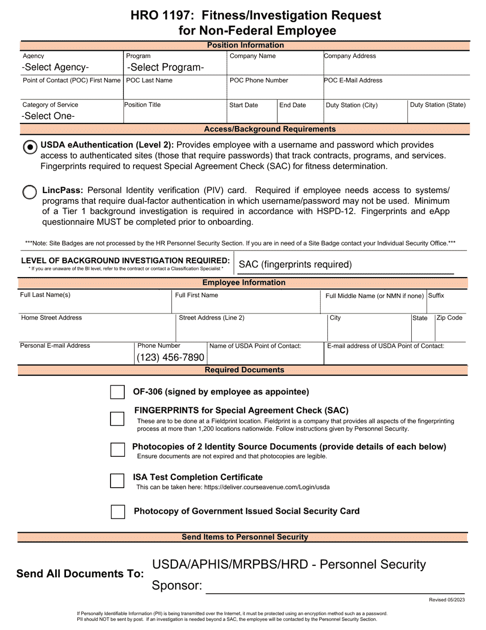 Form HRO1197 Fitness / Investigation Request for Non-federal Employee, Page 1