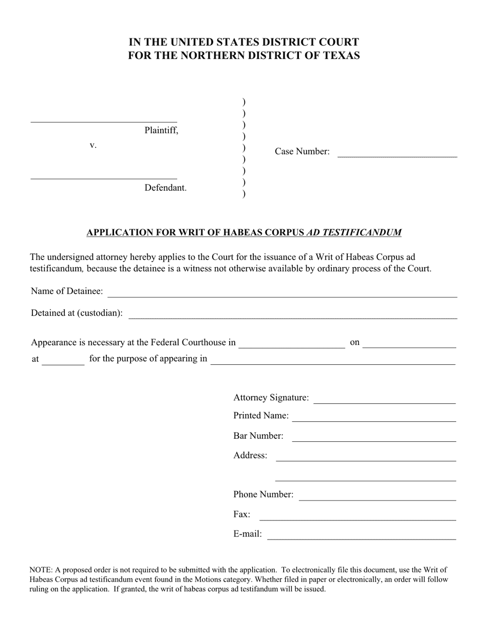 Texas Application for Writ of Habeas Corpus Ad Testificandum - Fill Out ...