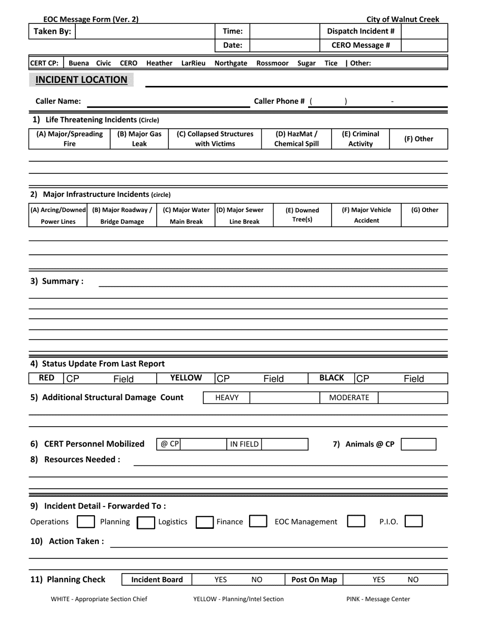 City of Walnut Creek, California Eoc Message Form Fill Out, Sign