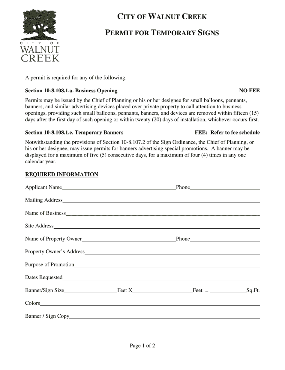 Permit for Temporary Signs - City of Walnut Creek, California, Page 1