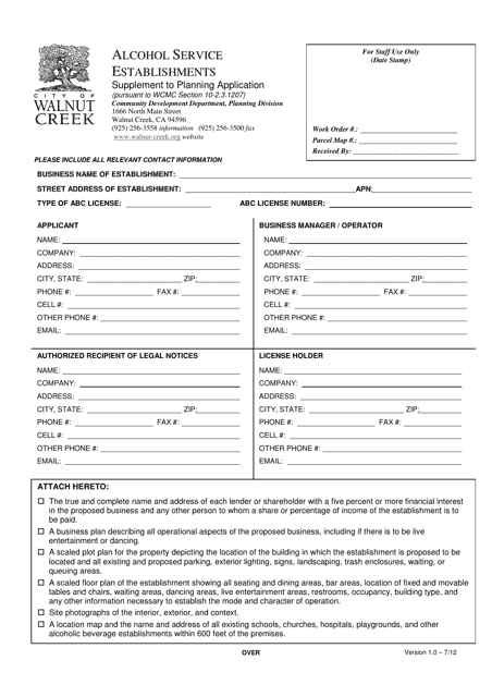 Supplement to Planning Application - Alcohol Service Establishments - City of Walnut Creek, California Download Pdf