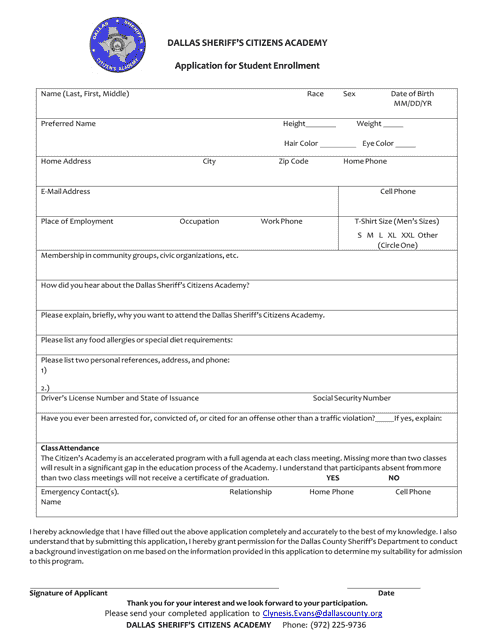 Citizens Academy Application for Student Enrollment - Dallas County, Texas Download Pdf