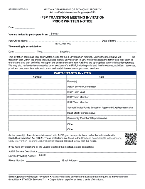 Form GCI-1032A Ifsp Transition Meeting Invitation Prior Written Notice - Arizona