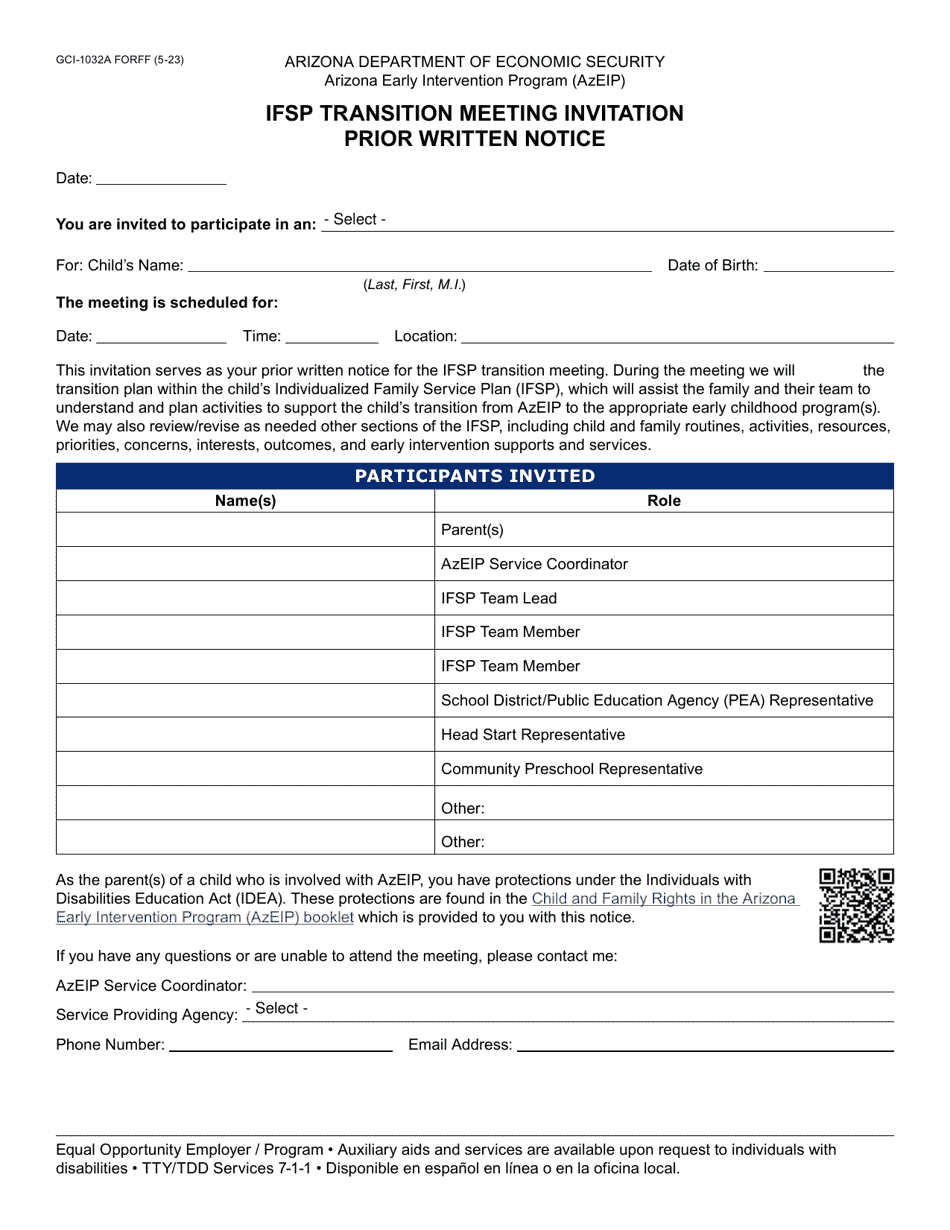 Form GCI-1032A Ifsp Transition Meeting Invitation Prior Written Notice - Arizona, Page 1
