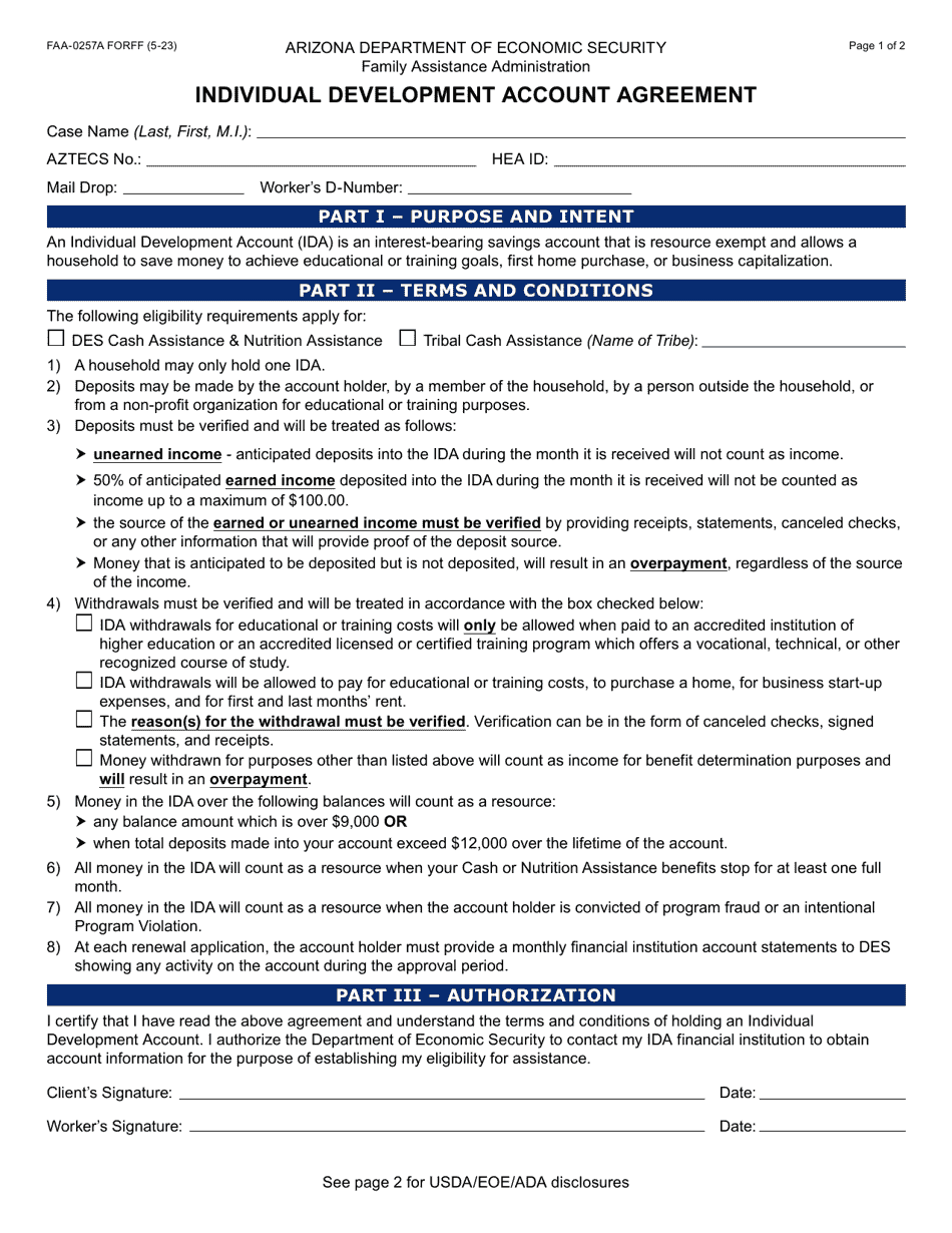 Form FAA-0257A Individual Development Account Agreement - Arizona, Page 1