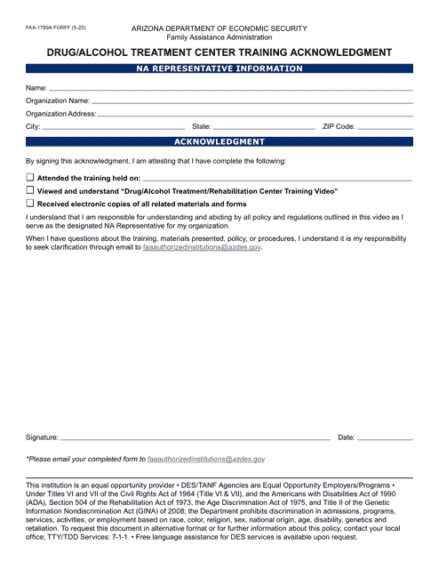 Form FAA-1799A Drug/Alcohol Treatment Center Training Acknowledgment - Arizona