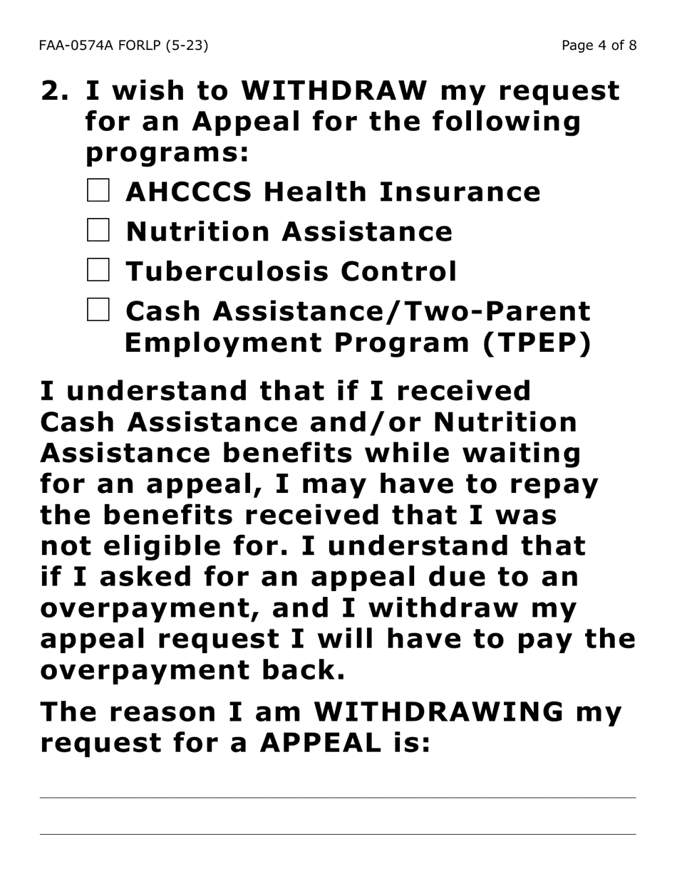Form FAA-0574A-LP Withdrawal or Stop Benefits / Appeal Request - Large Print - Arizona, Page 4