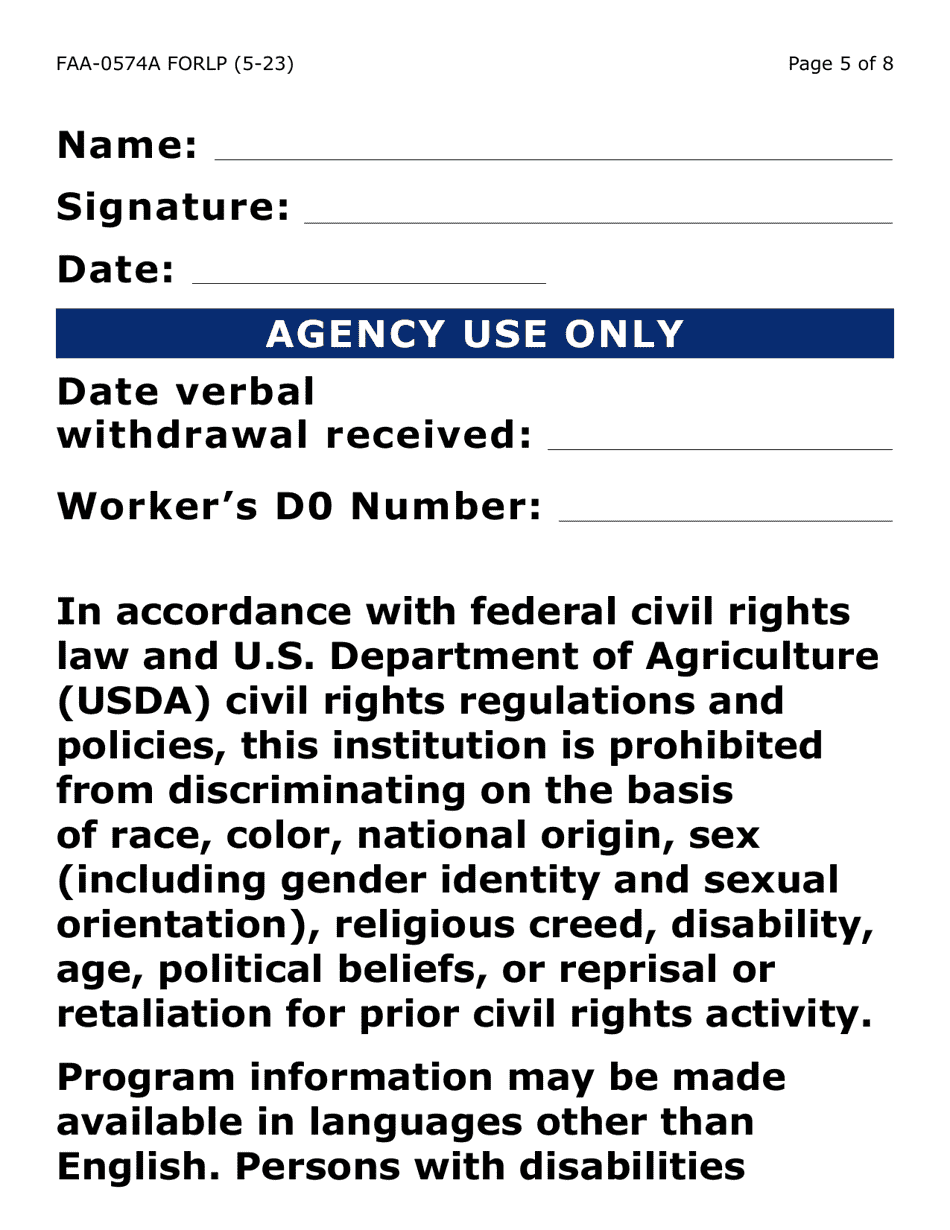 Form FAA-0574A-LP Withdrawal or Stop Benefits / Appeal Request - Large Print - Arizona, Page 5