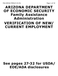 Document preview: Form FAA-0053A-XLP Verification of New/Current Employment (Extra Large Print) - Arizona