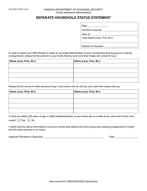 Form FAA-0255A Separate Household Status Statement - Arizona