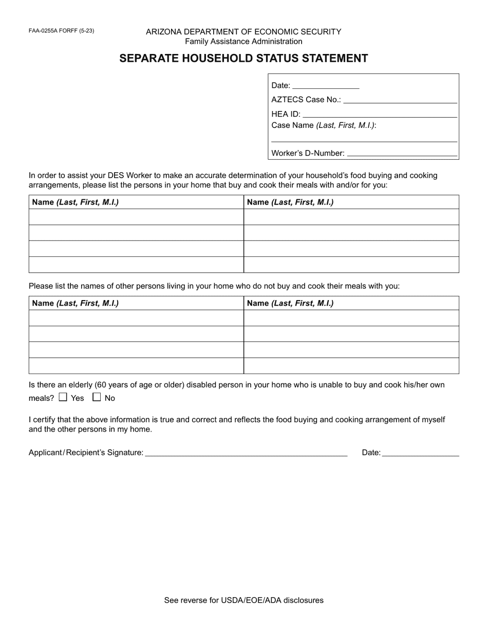 Form FAA-0255A Separate Household Status Statement - Arizona, Page 1