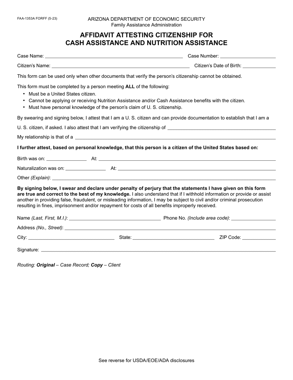 Form FAA-1353A Affidavit Attesting Citizenship for Cash Assistance and Nutrition Assistance - Arizona, Page 1