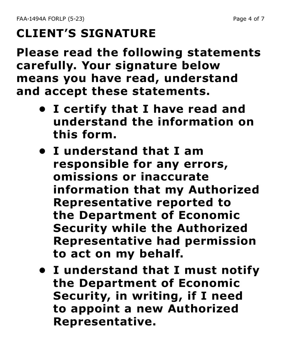 Form FAA-1494A-LP Authorized Representative Removal (Large Print) - Arizona, Page 4