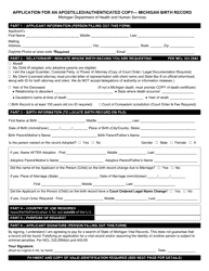 Document preview: Form DCH-0569-BX-AUTH Application for an Apostilled/Authenticated Copy - Michigan Birth Record - Michigan