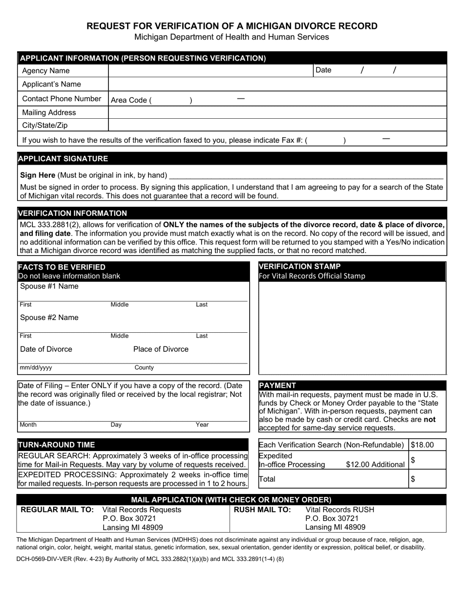 Form DCH-0569-DIV-VER Request for Verification of a Michigan Divorce Record - Michigan, Page 1