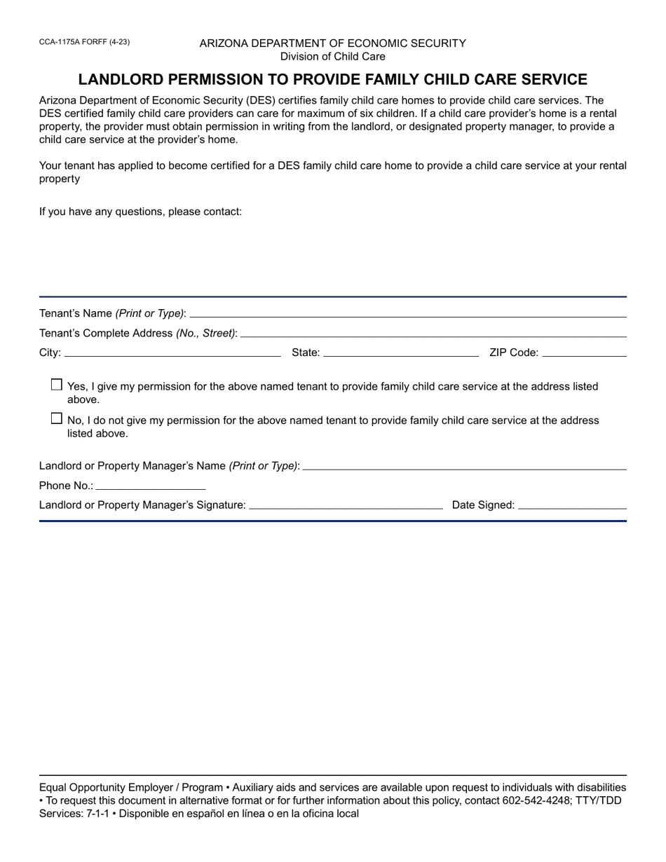 Form CCA-1175A Landlord Permission to Provide Family Child Care Service - Arizona, Page 1