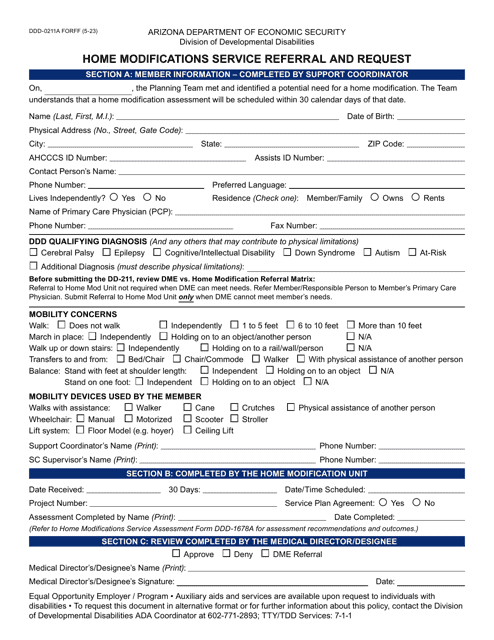 Form DDD-0211A Home Modifications Service Referral and Request - Arizona