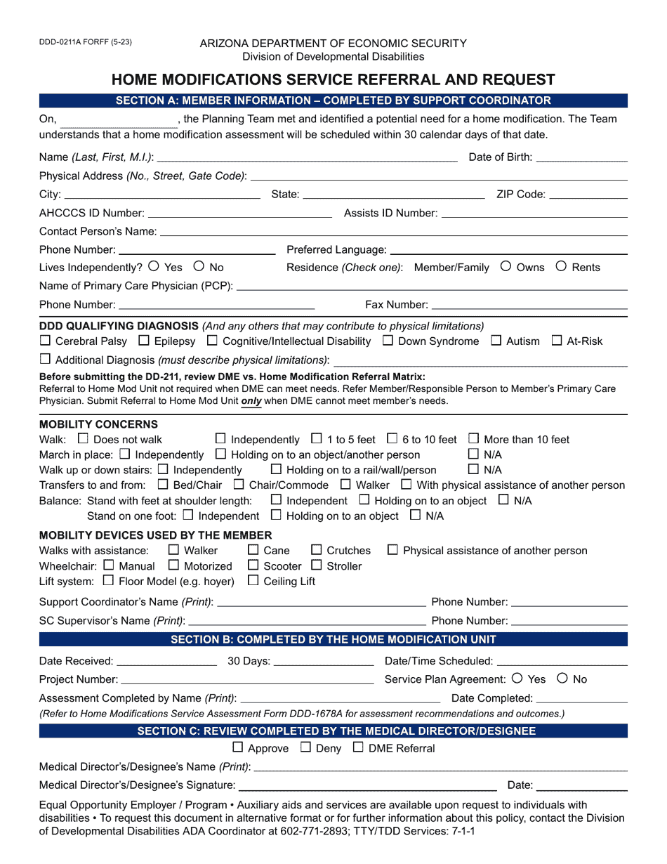 Form DDD-0211A Home Modifications Service Referral and Request - Arizona, Page 1