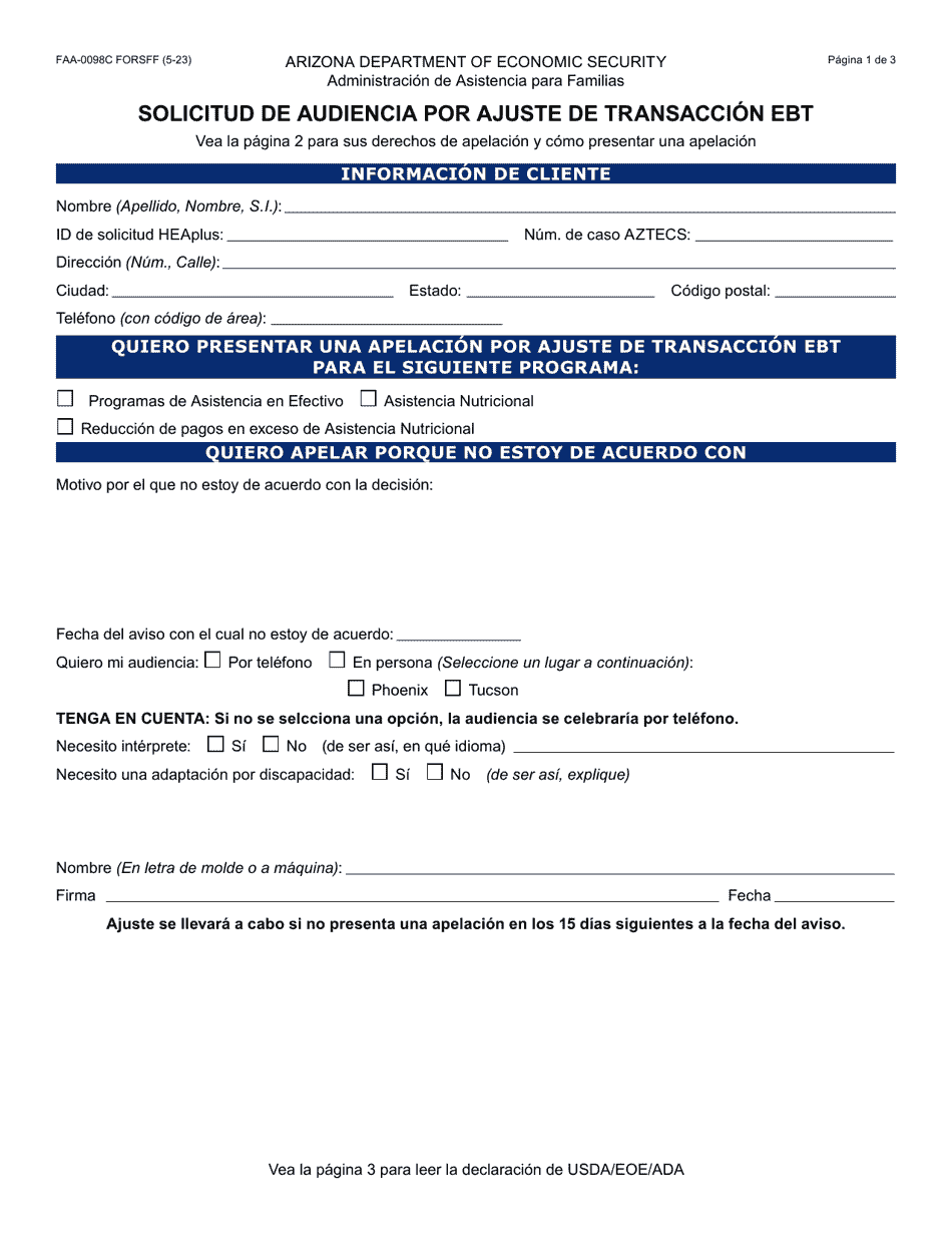 Formulario FAA-0098C Solicitud De Audiencia Por Ajuste De Transaccion Ebt - Arizona (Spanish), Page 1