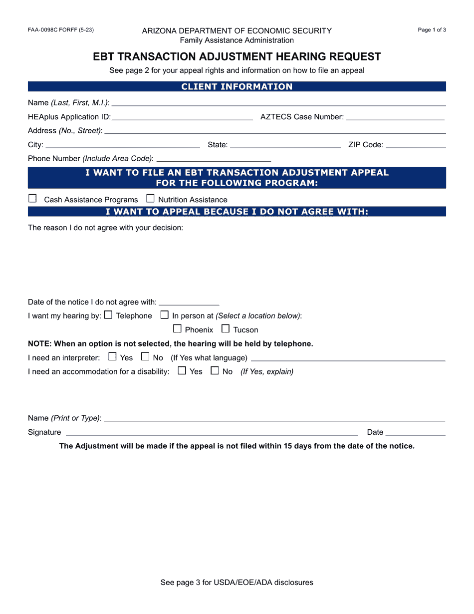 Form FAA-0098C Ebt Transaction Adjustment Hearing Request - Arizona, Page 1