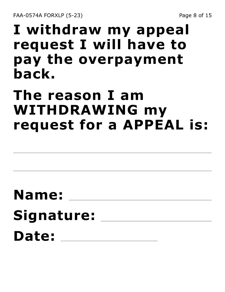Form FAA-0574A-XLP Withdrawal or Stop Benefits / Appeal Request - Extra Large Print - Arizona, Page 8