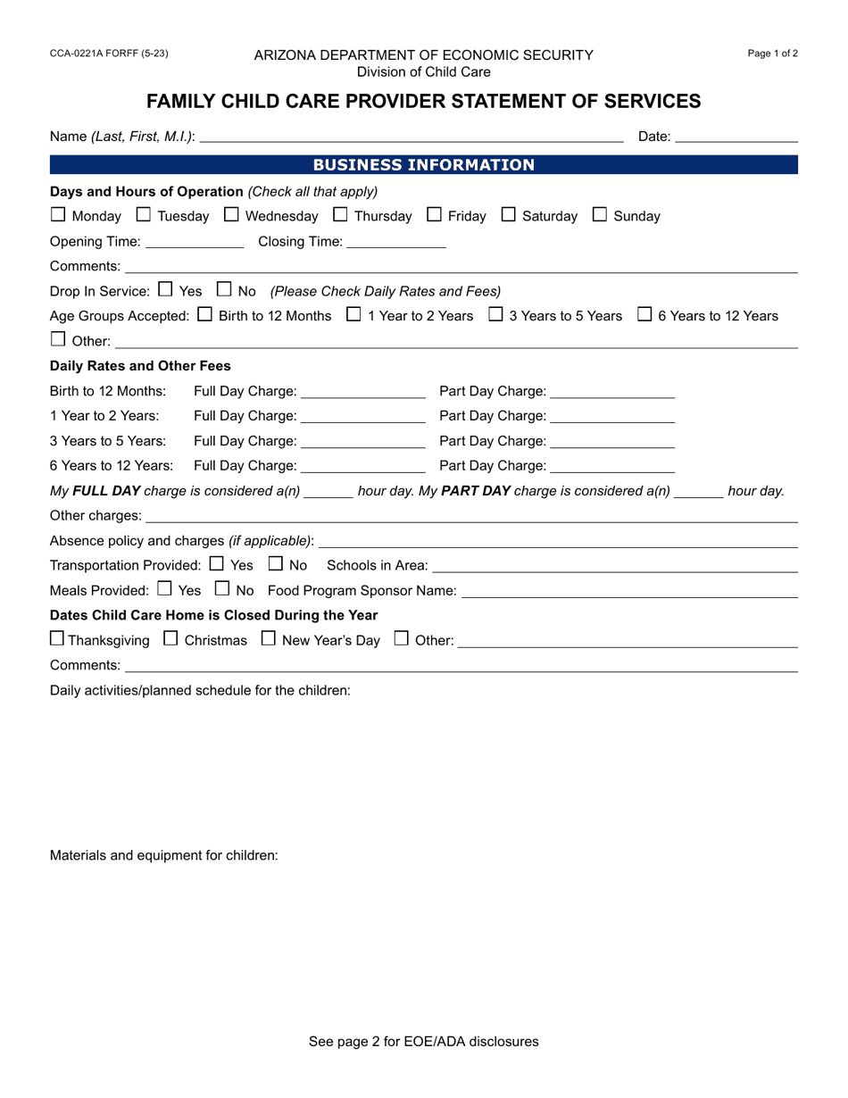Form CCA-0221A Family Child Care Provider Statement of Services - Arizona, Page 1