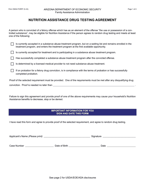 Form FAA-1565A Nutrition Assistance Drug Testing Agreement - Arizona