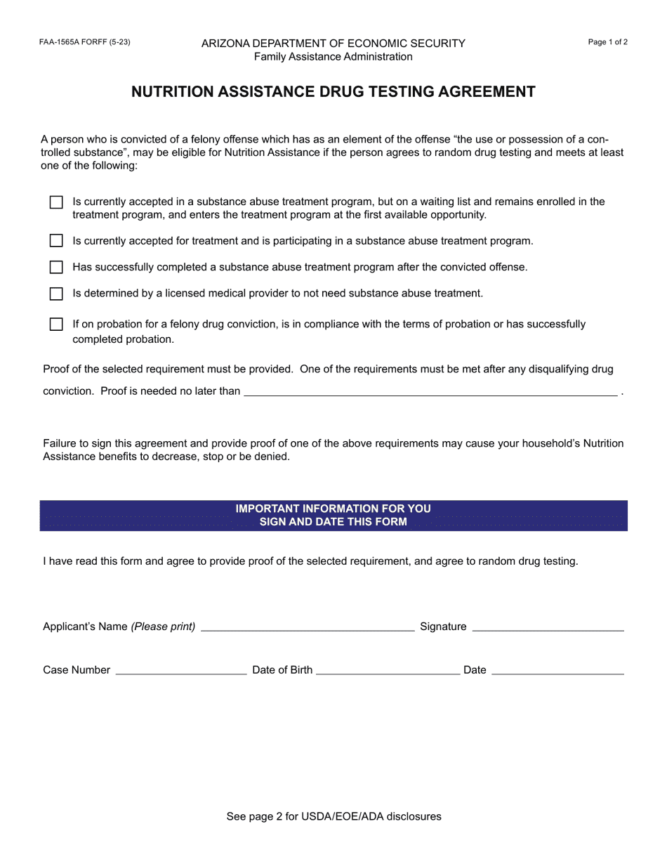 Form FAA-1565A Nutrition Assistance Drug Testing Agreement - Arizona, Page 1