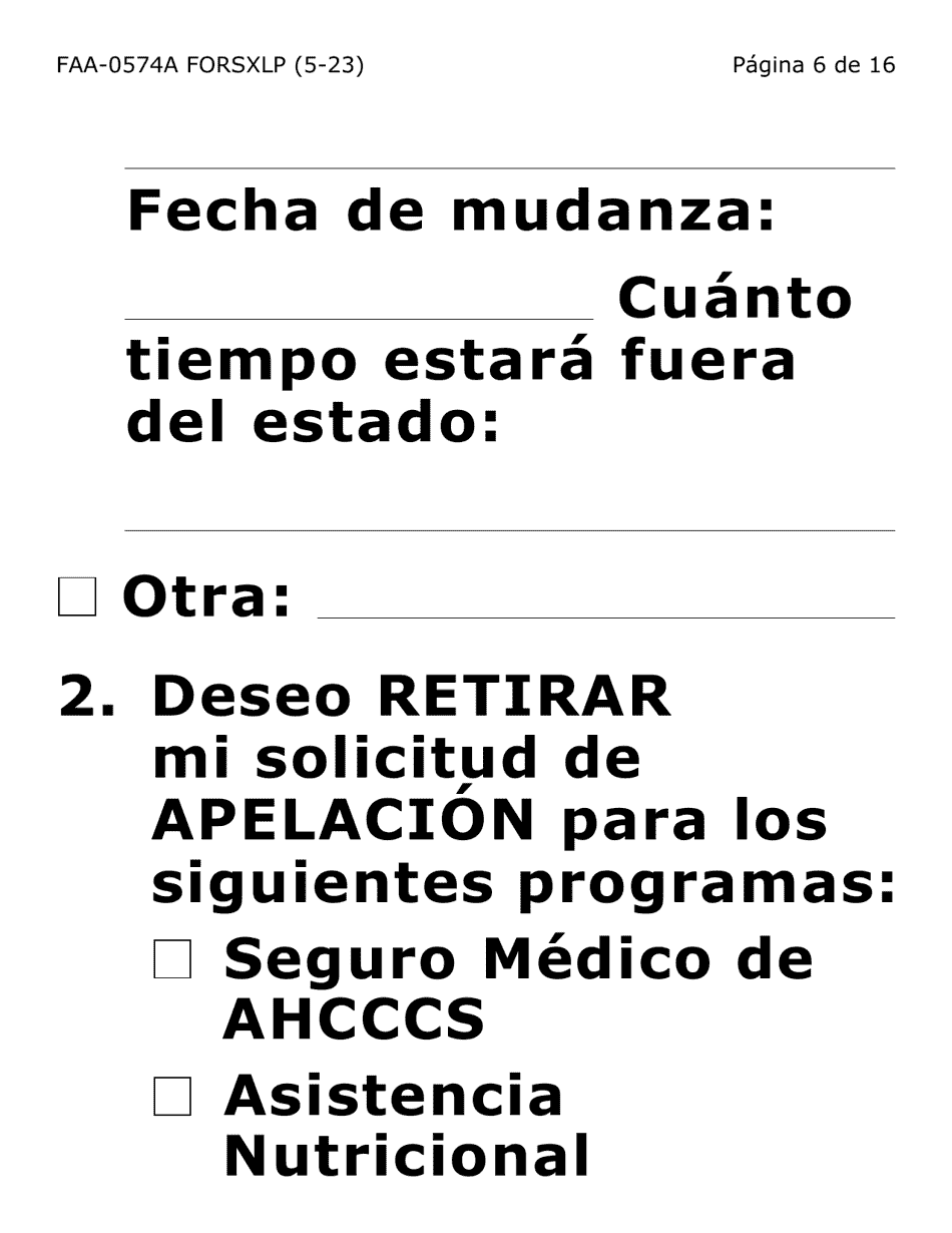 Formulario FAA-0574A-SXLP Retirar O Suspender Beneficios / Solicitud De Apelacion - Extra Letra Grande - Arizona (Spanish), Page 6