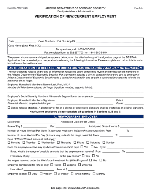 Form FAA-0053A Verification of New/Current Employment - Arizona (English/Spanish)