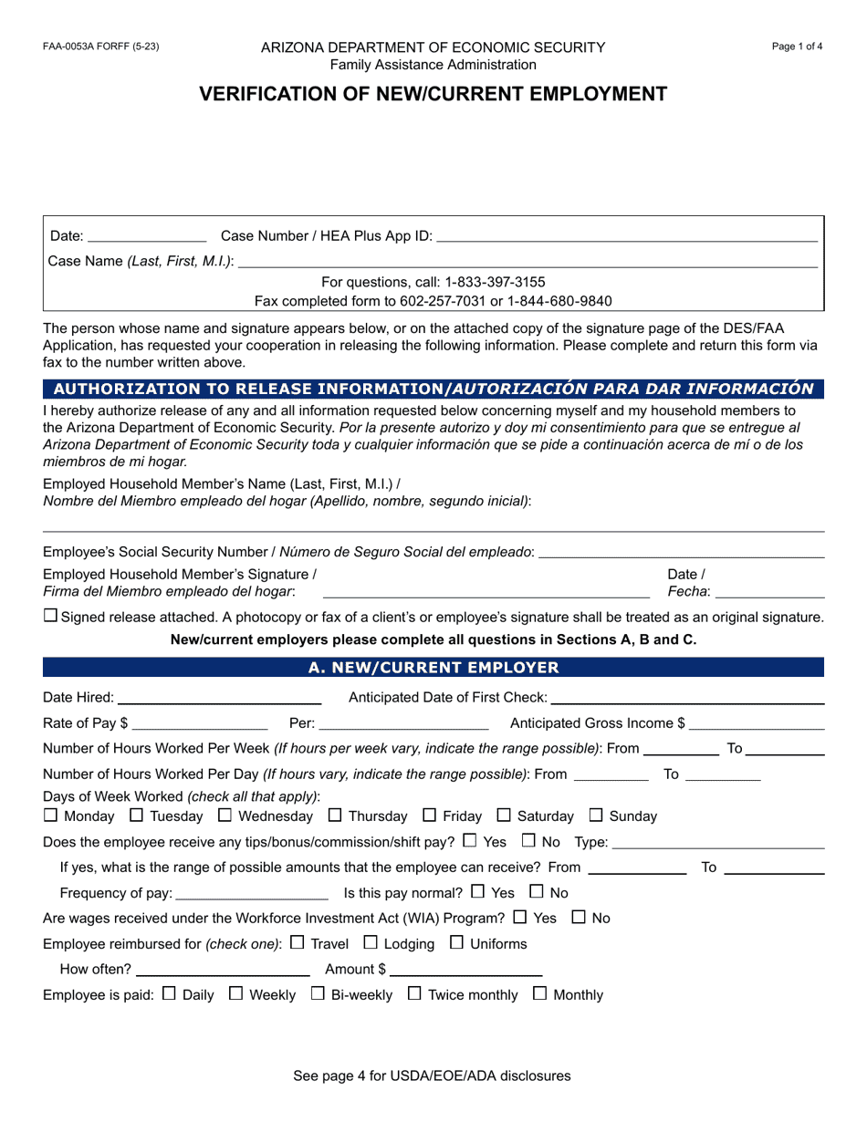 Form FAA-0053A Verification of New / Current Employment - Arizona (English / Spanish), Page 1