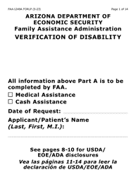 Document preview: Form FAA-1249A-LP Verification of Disability (Large Print) - Arizona