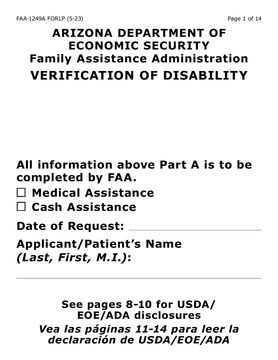 Form FAA-1249A-LP Verification of Disability (Large Print) - Arizona, Page 1