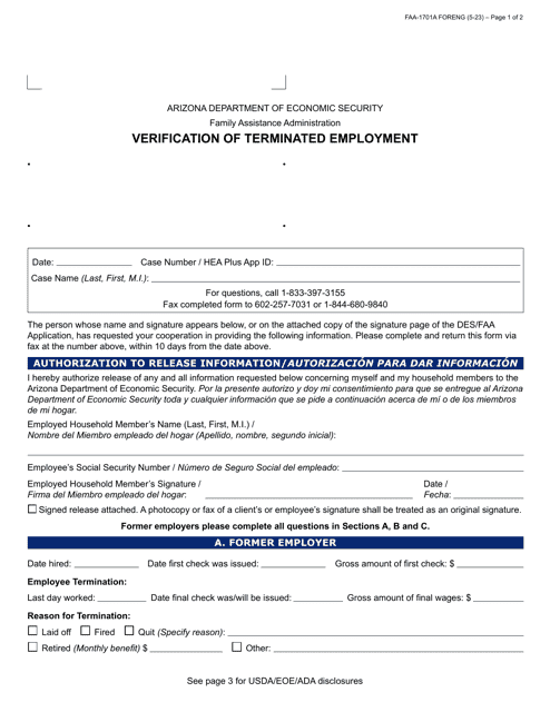 Form FAA-1701A Verification of Terminated Employment - Arizona (English/Spanish)