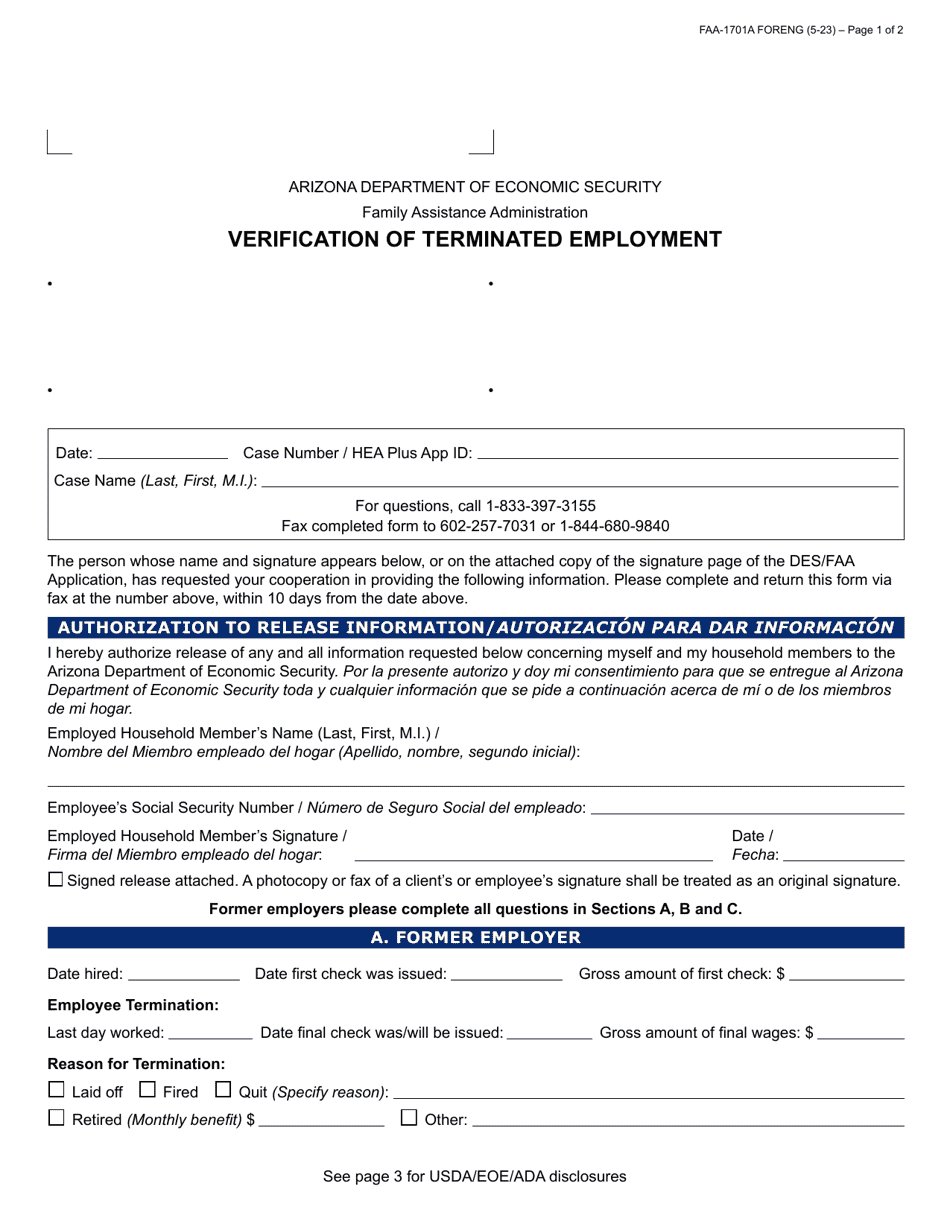 Form FAA-1701A Verification of Terminated Employment - Arizona (English / Spanish), Page 1