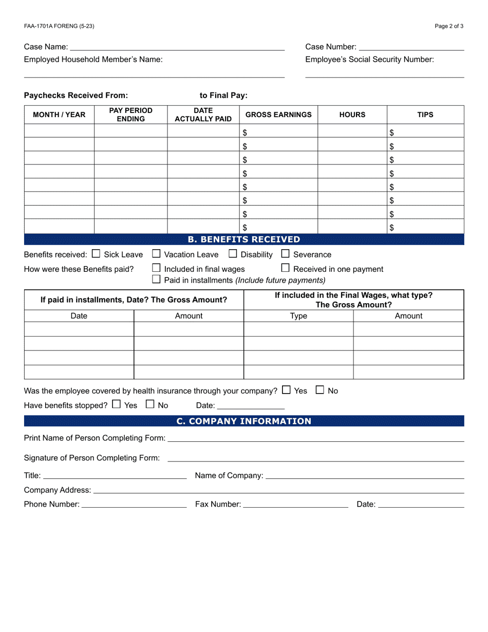 Form FAA-1701A Verification of Terminated Employment - Arizona (English / Spanish), Page 2