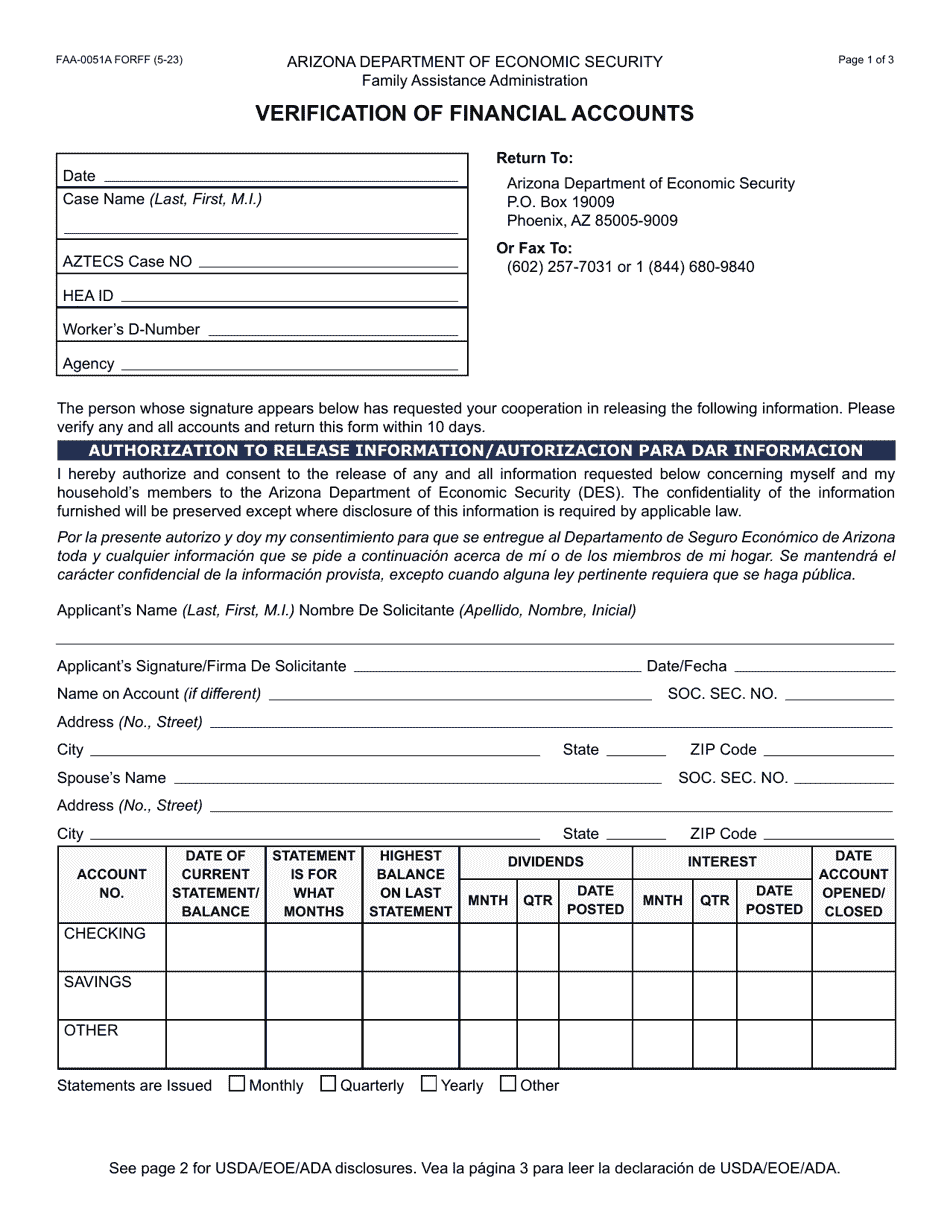 Form FAA-0051A Verification of Financial Accounts - Arizona (English / Spanish), Page 1