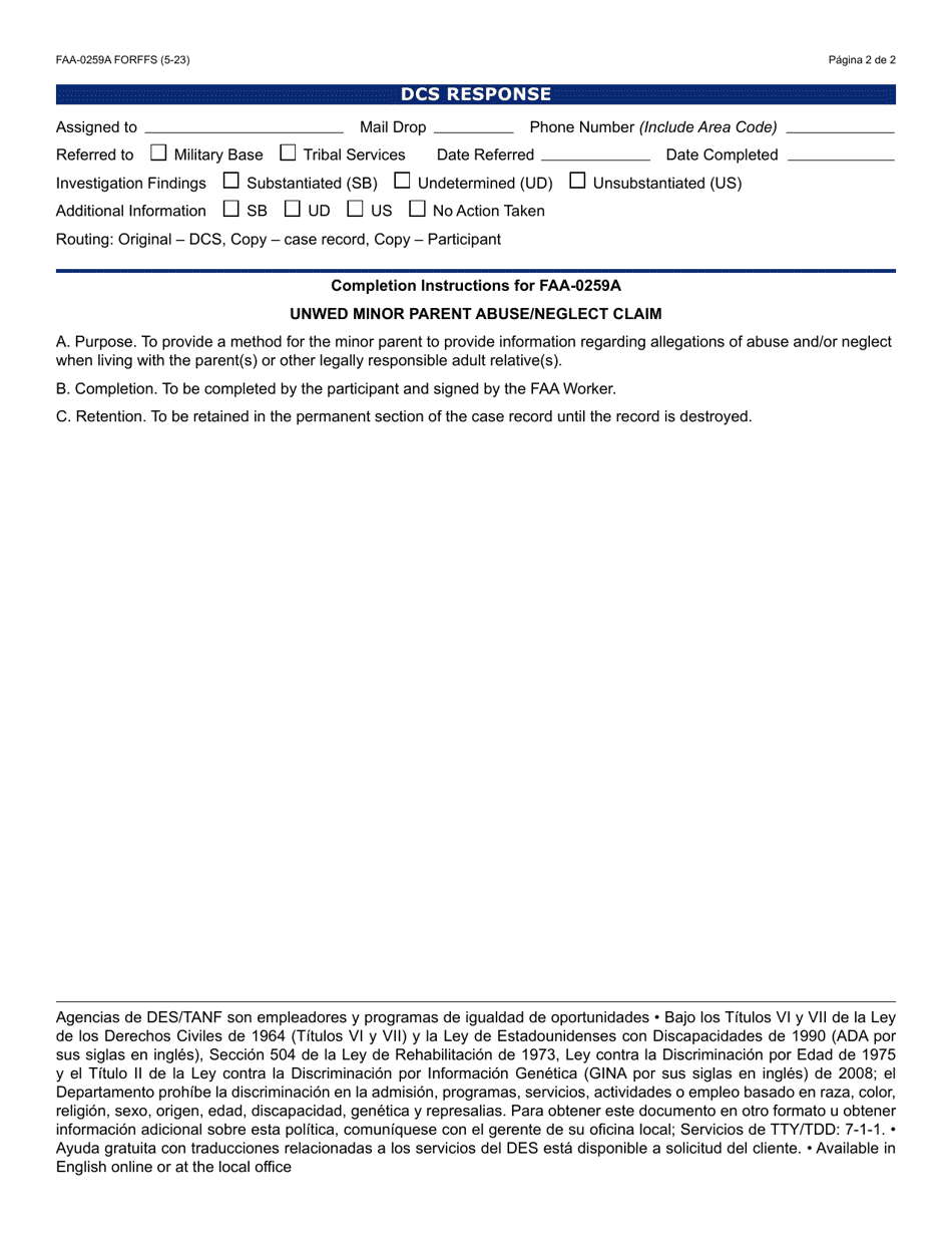 Formulario FAA-0259A-S Denuncia De Abuso O Negligencia De Un Padre Soltero Que Es Menor De Edad - Arizona (Spanish), Page 2