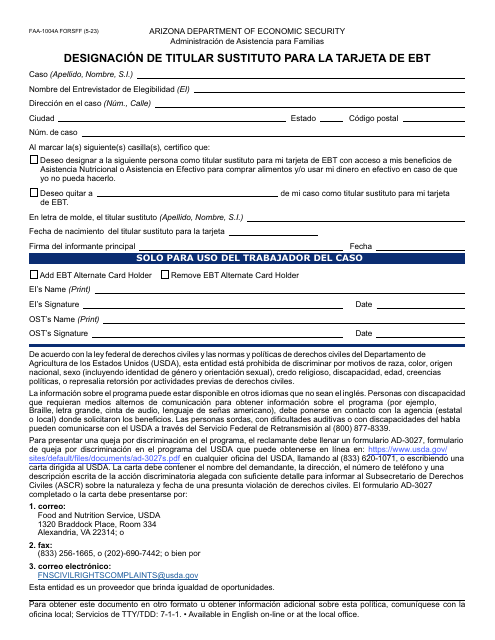 Formulario FAA-1004A-S Designacion De Titular Sustituto Para La Tarjeta De Ebt - Arizona (Spanish)