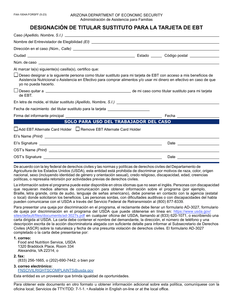 Formulario FAA-1004A-S Designacion De Titular Sustituto Para La Tarjeta De Ebt - Arizona (Spanish), Page 1