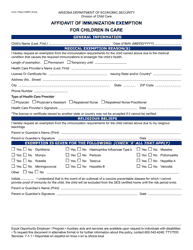 Document preview: Form CCA-1164A Affidavit of Immunization Exemption for Children in Care - Arizona