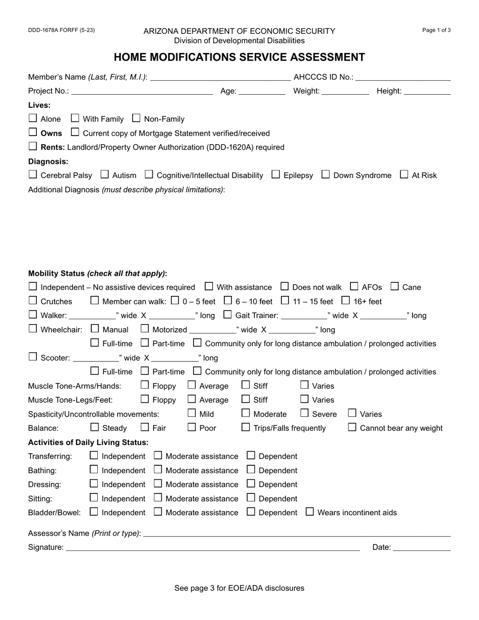 Form DDD-1678A Home Modifications Service Assessment - Arizona, Page 1