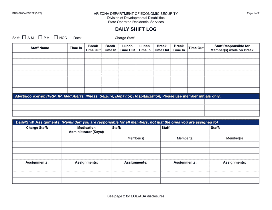 Form DDD-2203A Daily Shift Log - Arizona, Page 1