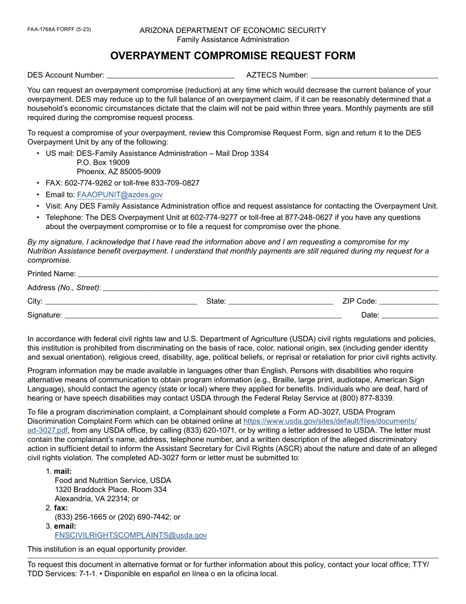 Form FAA-1768A Overpayment Compromise Request Form - Arizona, Page 1